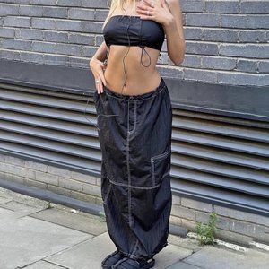 Maxi Cargo Skirt and Tube Top Set Nylon w/ Drawstrings Y2K